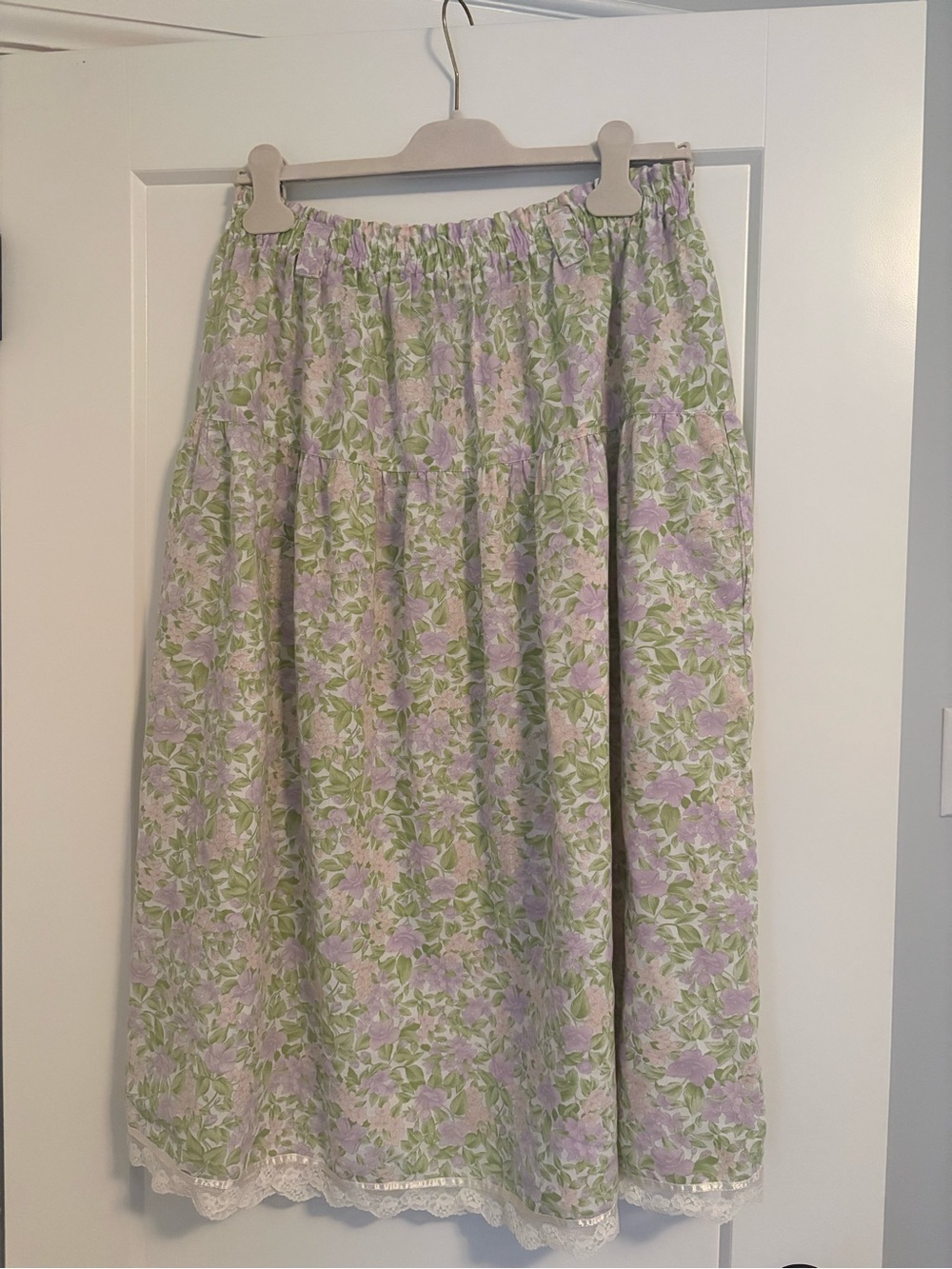 Floral Lavender & Green Midi Skirt with Lace Hem and Pockets